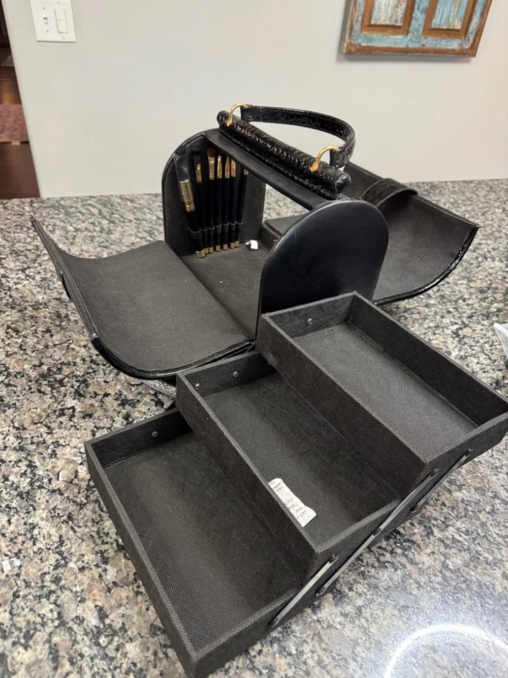 Black Structured Top-Handle Cosmetic Case with Gold Lock